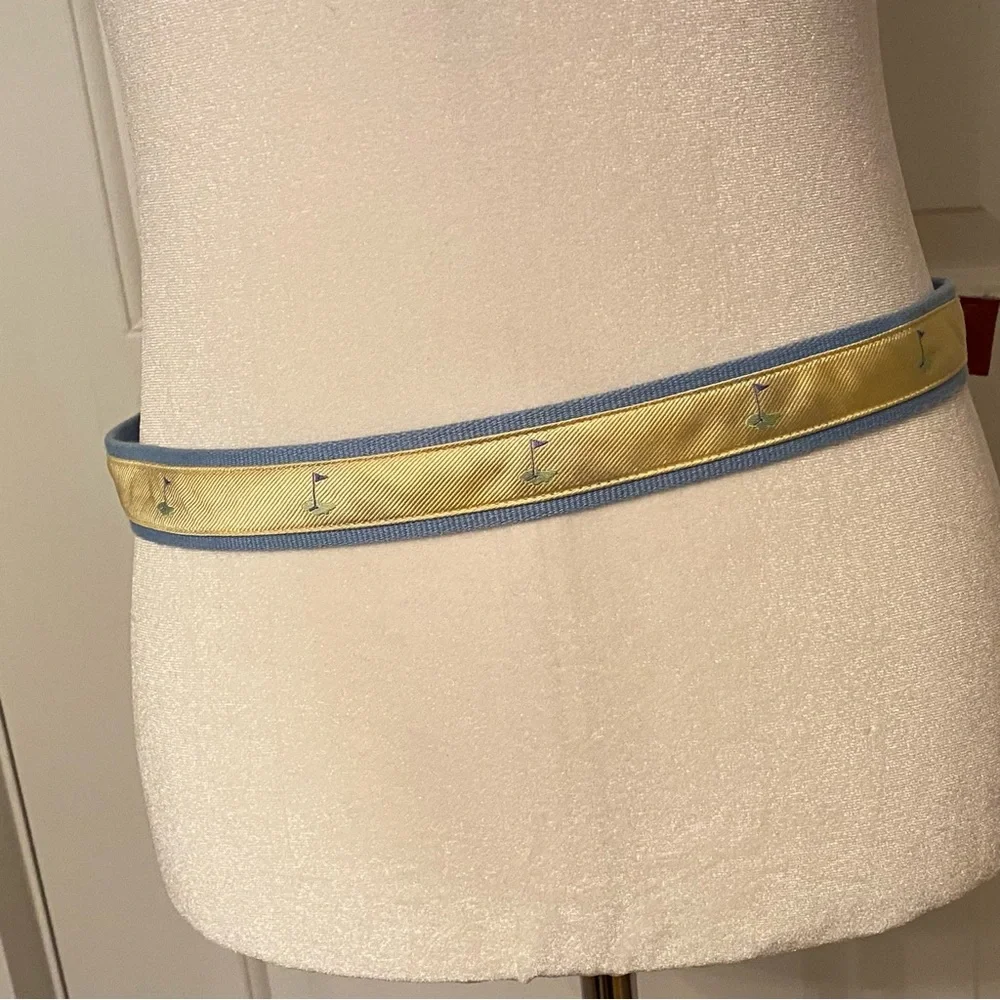 J. McLAUGHLIN BELT GOLF FLAG BLUE WEBBING YELLOW RIBBON BROWN LEATHER SIZE S USA